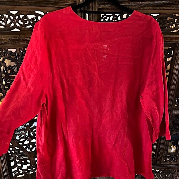 EDWARD…WOMAN 100% IRISH LINEN RED EMBROIDERED V NECK BLOUSE 2X - Picture 7 of 8